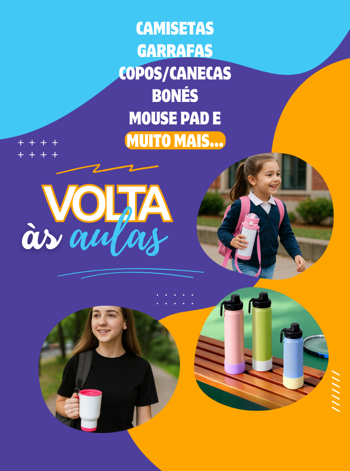 A volta às aulas está chegando! Escolha entre diversas técnicas de impressão, como sublimação, DTF, serigrafia e impressão UV, laser, tampografia, transfer para criar peças exclusivas e duradouras.