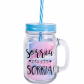 Caneca de Vidro Com Tampa E Canudo Azul 420ml Caneca de Vidro Com Tampa E Canudo Azul 420ml