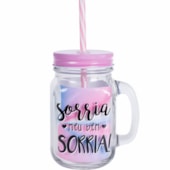 Caneca de Vidro Com Tampa E Canudo Rosa 420ml Caneca de Vidro Com Tampa E Canudo Rosa 420ml