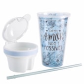Copo Azul Com Canudo E Pote 500ml Copo Azul Com Canudo E Pote 500ml
