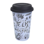 Copo de Cerâmica Be Happy Azul 300ml Com Tampa de Silicone Copo de Cerâmica Be Happy Azul 300ml Com Tampa de Silicone