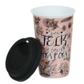 Copo de Cerâmica Be Happy Rosa 300ml Com Tampa de Silicone Copo de Cerâmica Be Happy Rosa 300ml Com Tampa de Silicone