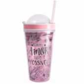 Copo Rosa Com Canudo E Pote 500ml Copo Rosa Com Canudo E Pote 500ml