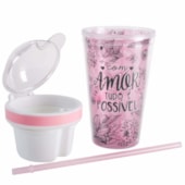 Copo Rosa Com Canudo E Pote 500ml Copo Rosa Com Canudo E Pote 500ml