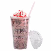 Copo Rosa Com Canudo E Tampa Diamante 500ml Copo Rosa Com Canudo E Tampa Diamante 500ml