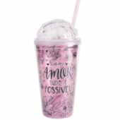 Copo Rosa Com Canudo E Tampa Diamante 500ml Copo Rosa Com Canudo E Tampa Diamante 500ml