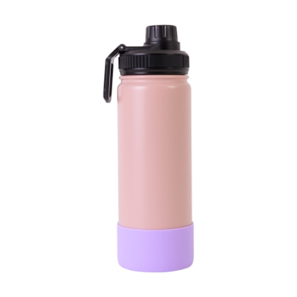 Garrafa Térmica Para Sublimação de Inox Rosa Fosca Com Base de Silicone Lilás de 500ml