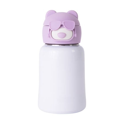Kit 1 Garrafa Termica Inox Com Tampa Urso Lilas Com Bico de Silicone E Canudo de 435ml