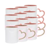 Kit 12 Caneca de Cerâmica Para Sublimação Com Alça de Coração E Interior Rosé Claro 325ml