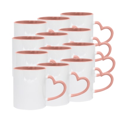 Kit 12 Caneca de Cerâmica Para Sublimação Com Alça de Coração E Interior Rosé Claro 325ml