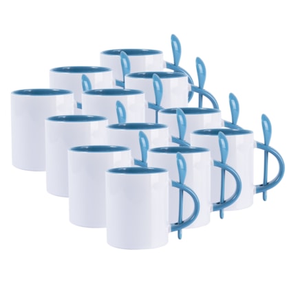 Kit 12 Caneca Para Sublimação de Cerâmica Branca Com Colher E Interior Azul 325ml