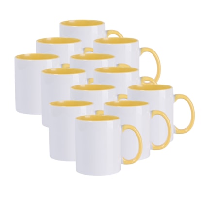 Kit 12 Canecas de Cerâmica Branca Para Sublimação Com Interior/Alça Amarelo de 325ml - 43678
