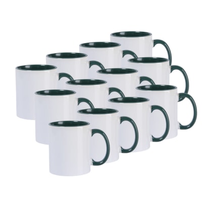 Kit 12 Canecas de Cerâmica Branca Para Sublimação Com Interior/Alça Verde 325ml