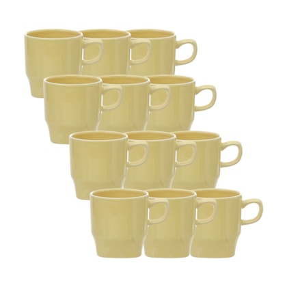 Kit 12 Canecas de Cerâmica Perla Amarela 240ml Sem Resina