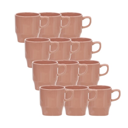 Kit 12 Canecas de Cerâmica Perla Rosa 240ml Sem Resina