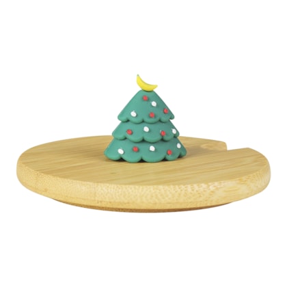 Kit 12 Tampas de Bambu Com Puxador Árvore de Natal Para Caneca