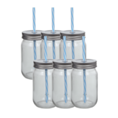 Kit 6 Copos Rústico Com Canudo de Plástico Azul E Branco 420ml