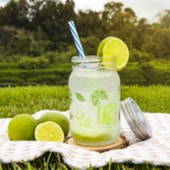 Kit 6 Copos Rústico Com Canudo de Plástico Azul E Branco 420ml