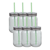 Kit 6 Copos Rústico Com Canudo de Plástico Verde E Branco 420ml