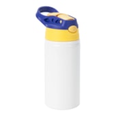 Squeeze Garrafa Aluminio Kids Branca Bico Azul Amarelo 500ml